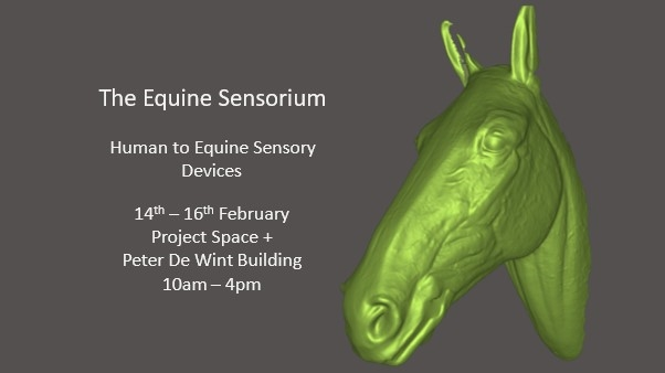 A grey box with text displaying the date and title of the event, with a green photo of an AI generated horse head